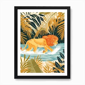 African Lion Crossing A River Illustration 4 Art Print