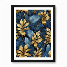 Blue And Gold Tropical Leaves Art Print 2 Art Print