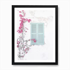 Bougainvillea plant on a Mediterranean house wall santorini door window Art Print