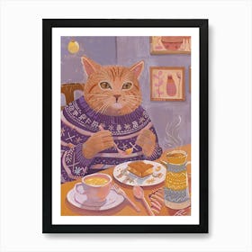 Brown Cat Having Breakfast Folk Illustration 4 Art Print