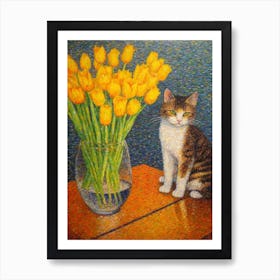 Daffodils With A Cat 4 Pointillism Style Art Print