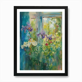 Iris Flowers On A Cottage Window 3 Art Print