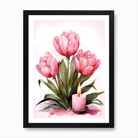 Pretty Pink Tulips With Candle Art Print