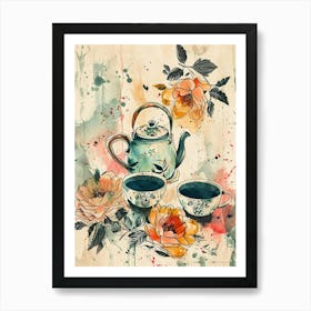 Watercolour Floral Teapot & Cups 1 Art Print