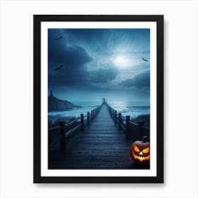 Halloween Themed Coastal Landscape During Dusk Featuring A Jack O Lantern With A Glowing Eye Perched (1) 2 Art Print