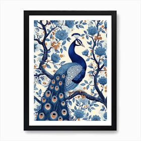 White & Blue Peacock Vintage Wallpaper Art Print