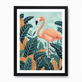 Andean Flamingo And Philodendrons Minimalist Illustration 2 Art Print