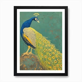 Blue Mustard Peacock Portrait On A Rock 2 Art Print