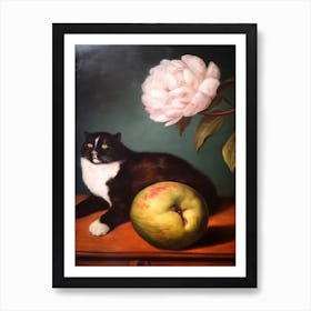 Painting Of A Still Life Of A Camellia With A Cat, Realism 2 Art Print