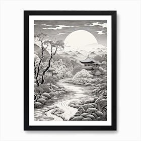 Yufuin In Oita, Ukiyo E Black And White Line Art Drawing 4 Art Print