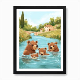 Brown Bear Family Swimming In A River Storybook Illustration 2 Art Print