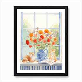 Cat With Marigold Flowers Watercolor Mothers Day Valentines 1 Art Print