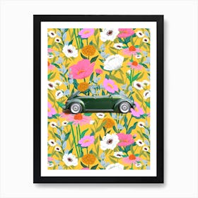 Floral Vintage Green Car Art Print