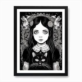 Wednesday Addams And A Cat Line Art Noveau 7 Fan Art Art Print