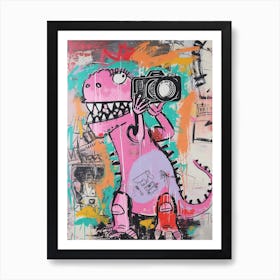 Dinosaur Taking A Photo Pink Graffiti Brushstroke Art Print