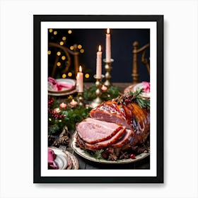 An Entregouted View Of A Glazed Spiced Pork Ham Festooned With A Crown Of Cloves Set On A Lavish C (6) Art Print