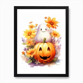 Cute Ghost With Pumpkins Halloween Watercolour 59 Art Print