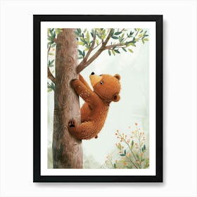 Brown Bear Cub Climbing A Tree Storybook Illustration 2 Art Print