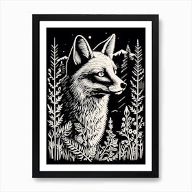 Fox In The Forest Linocut Illustration 23  Art Print
