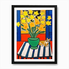 A Painting Of A Still Life Of A Daffodils With A Cat In The Style Of Matisse 3 Art Print
