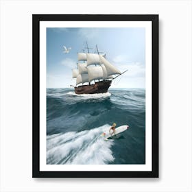 Surfer On A Surfboard Art Print