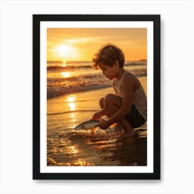 A Young Person Engaging In Play With A Fish Near The Waters Edge On A Sandy Beach Golden Hour Ligh (3) Art Print