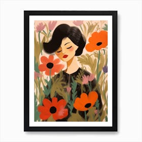 Woman With Autumnal Flowers Poppy 1 Art Print