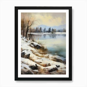 Ancient landscapes, old winter oil paintings and rocks around the lake bank. Snow is falling on the lake, old colors.4 2 Art Print