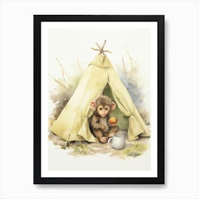 Monkey Painting Camping Watercolour 1 Art Print