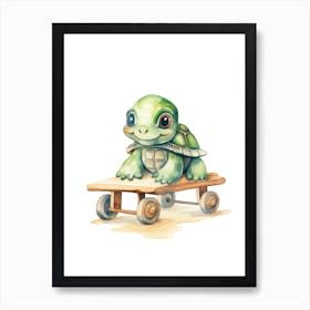 Baby Turtle On A Toy Car, Watercolour Nursery 3 Art Print