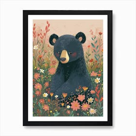 American Black Bear Cub In A Field Of Flowers Storybook Illustration 1 Art Print