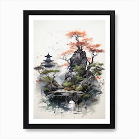 Rikugien Garden In Tokyo, Japanese Brush Painting, Ukiyo E, Minimal 4 Art Print