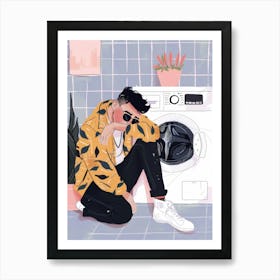 Man Sitting Next To A Washing Machine Art Print