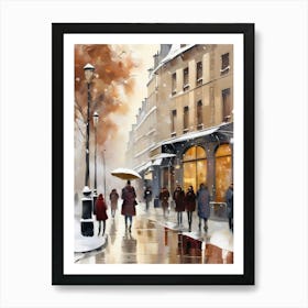 Paris cafes, winter season, Christmas, autumn oil colors, pale colors, pedestrians in the street, winter clothes, falling snow.Christmas decorations.17 Art Print