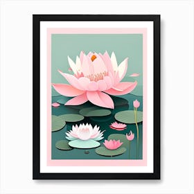 Blooming Lotus Flower In Lake Scandi Cartoon 1 Art Print