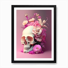 Skull With Surrealistic 2 Elements Pink Vintage Floral Art Print