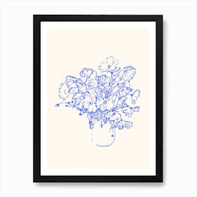 Blue Line Drawing Vase Of Flowers Art Print