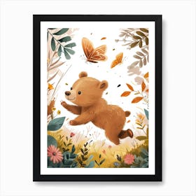 Brown Bear Cub Chasing After A Butterfly Storybook Illustration 1 Art Print