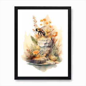 Flowering Plants Bee Beehive Watercolour Illustration 3 Art Print