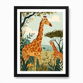 Modern Illustration Of Two Giraffes In The Sunset 2 Art Print