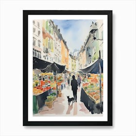 Food Market With Cats In Lyon 3 Watercolour Art Print