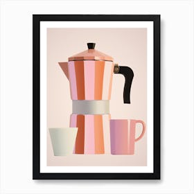 Italian Coffee Maker And Mugs Illustration Pink Background Art Print
