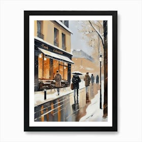 Paris cafes, winter season, Christmas, autumn oil colors, pale colors, pedestrians in the street, winter clothes, falling snow.Christmas decorations.8 1 Poster