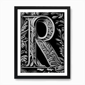 R, Letter, Alphabet Linocut 2 Art Print