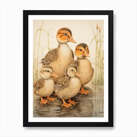 Sweet Ducklings Japanese Woodblock Style 5 Art Print