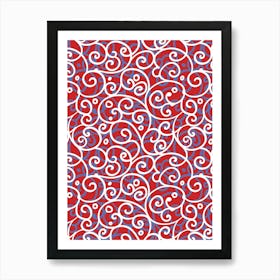 Red, Blue And White Swirls - Iznik Turkish pattern, floral decor Art Print