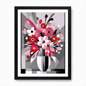 Pink Cubism Flowers In Vase Art Print