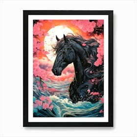 Black Horse In The Water 1 Art Print