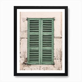 Old wooden window shutters and grunge wall background Art Print