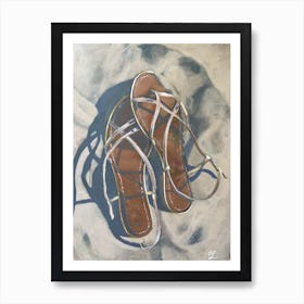 Coastal Dreams: Beach Sandals in the Sand, vacation fashion, acrylic painting on paper, summer holidays, shoes Art Print